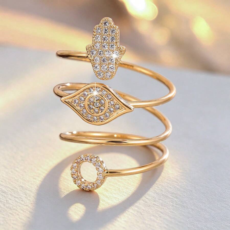 1pc Spring-Shaped Eye & Palm Design Cubic Zirconia Women's Ring - Multicolor - View 1