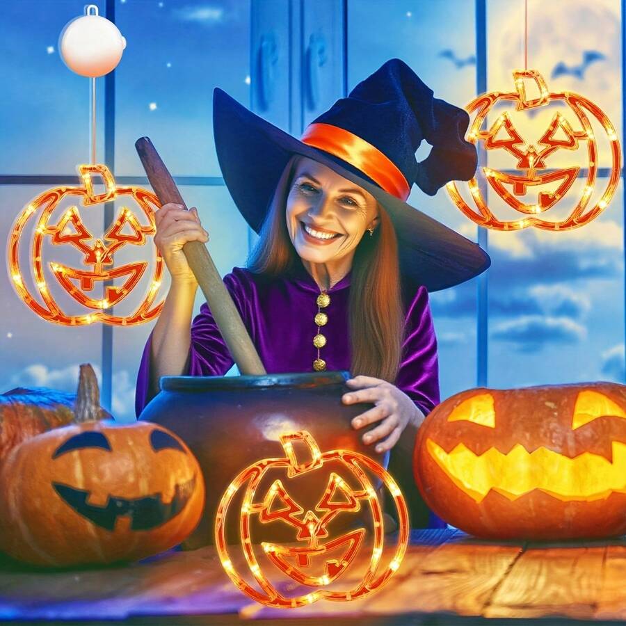1pc Halloween Pumpkin Light, Suction Cup Light, Indoor String Lights With Timer Function, Create Scary Atmosphere Decoration, Suitable For Halloween, Various Room Walls, Holiday Decoration, Battery Powered (Batteries Not Included) - Suction Cup Light - View 1
