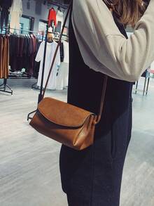 Solid Color Minimalist Flap Closure Women's Bag, Fashionable Versatile PU Material Shoulder Crossbody Bag, Suitable For Women's Daily Use And Commuting - Brown - View 3