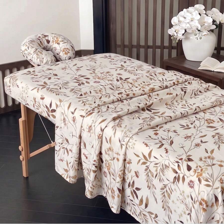 3件組復古植物印花SPA床品套裝，光滑輕量按摩床單，美容師適用