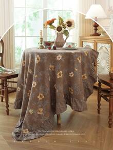 1pc Color Block Ruffle Edge Tablecloth, Floral Print, Autumn/Winter Vibe, Farmhouse Style, Suitable For Dining Table Decor, Picnic Tablecloth, Holiday Celebration, Party Gathering, Birthday Banquet, Daily Dining Table, Kitchen And Dining Room Decoration, All Seasons, Home Decor - Brown - View 7