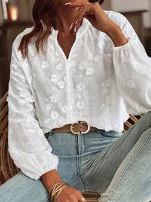 EARO Women's Floral Embroidered Long Sleeve Shirt, White Regular Length Top, Ruffle Stand Collar, Fashionable Elegant Versatile - White - View 2