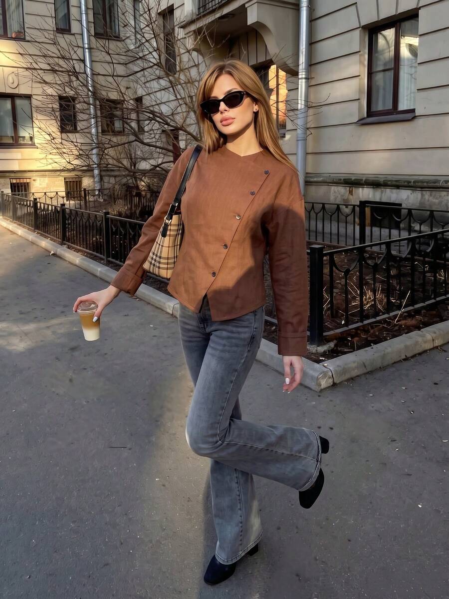 Women's Brown Asymmetric Diagonal Button Long Sleeve Shirt, Diagonal Collar Cuffed Sleeve Casual Commute Crop Top