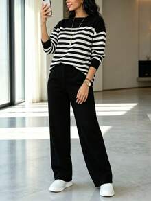 Women's Autumn/Winter Fashion Casual Home Style 2 Pieces Set, Color Block Long Sleeve Top With Solid Color Long Pants, Slim Fit, Flattering, Comfortable, Suitable For Daily, Street, Sports, Airport Wear - Black - View 6
