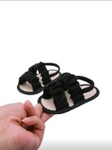 1 Pair Girls Elastic Pleated Design Flat Casual Comfortable Fabric Sandals, Suitable For Summer Wear - Black - View 7