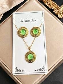 1 pieza Conjunto de collar y pendientes de acero inoxidable personalizado de moda transfronteriza, conjunto de 2 piezas de joyería vintage, collar y pendientes - Multicolor - Ver 11