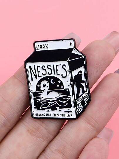1pc Vintage Quirky Alloy Enamel Black & White Letter Milk Carton Loch Ness Monster Brooch For Women's Backpack & Jacket Decoration
