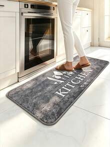 1pc Kitchen Rug With Letter Pattern, Vintage Polyester Kitchen Mat, Suitable For Kitchen And Room Decor - Grey - View 7