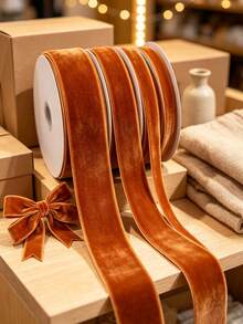 5 Yards Caramel Brown Flocked Ribbon Roll, Solid Color Flocked Fabric Ribbon, Soft Texture Decorative Ribbon, Suitable For Gift Wrapping, Bouquet Decoration, Hair Accessories, Sewing Projects, Party Decoration, Craft Supplies And Holiday Decoration - Multicolor - View 4