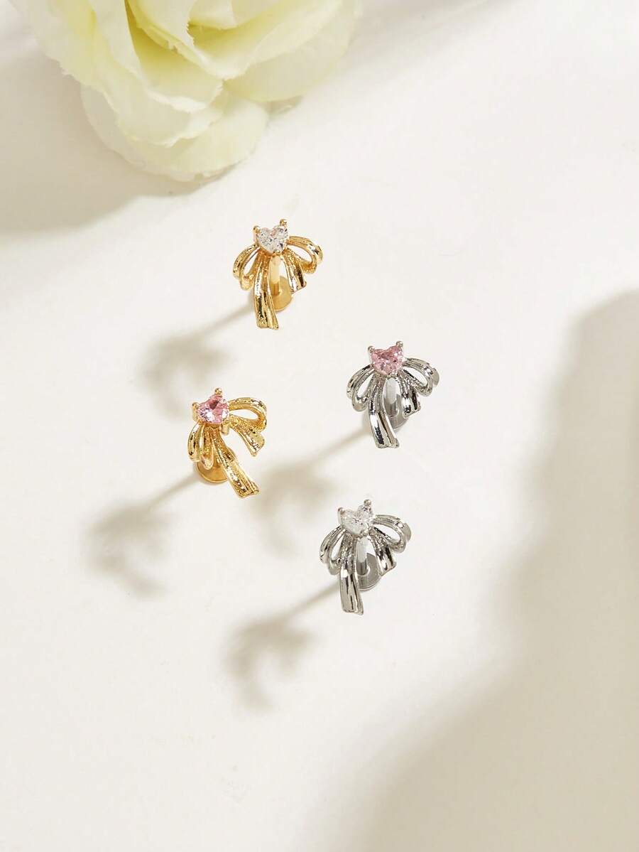 1pc Fashion Casual Diamond Bow Stainless Steel Stud Earrings Suitable For Women's Daily Wear - Bow Tie - View 1