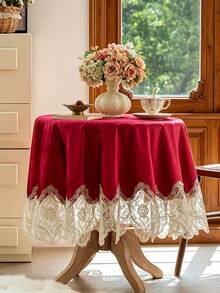 1pc Italian Velvet Embroidered Tablecloth, Luxurious Lace Trim Decor, Suitable For Dining Table, Tea Table, Bedside Cabinet Decoration, Holiday Gift, Wedding, Party Decoration - Red - View 3