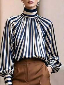Elegant Women's Striped Print High Neck Lantern Sleeve Casual Versatile Blouse Shirt With Contrast Color Buttons For Office Spring Autumn - Blue - View 3