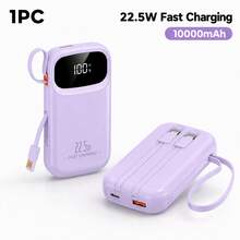 10000mAh Portable Power Bank With Built-In Cables, 22.5W Fast Charging Mini External Battery Pack With LED Display & Lanyard For Phones Tablets,Camping Travel Essentials - Mauve Purple - View 8