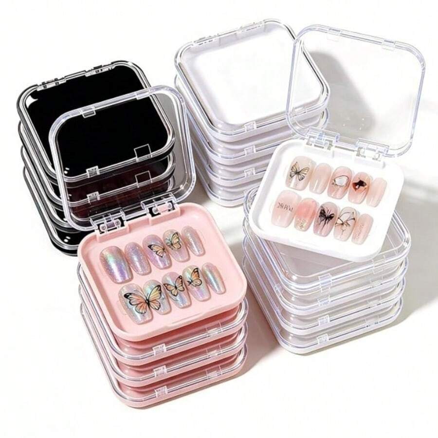 16pcs Kotak Penyimpanan Nail Art 4 Warna Kotak Penyimpanan Akrilik Kotak Pajangan Nail Art Kotak Pajangan Nail Art Kotak Kuku Palsu dengan Pita Lem Kuku Dua Sisi Cocok untuk Kuku Palsu - View 1