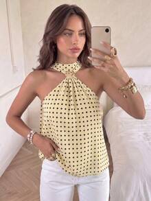 QIANZHIDU ELVA Women's Autumn Backless Small Stand Collar With Long Ribbon Sleeveless Polka Dot Tank Top, Suitable For Back To School Party, Dating, Vacation, Commuting - Yellow - View 7