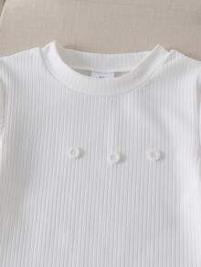3pcs Girls Casual Sweet Round Neck T-Shirt + Detachable Bow + Skort Set, Summer - White - View 7