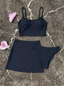 Fashion Women 2026 Spring/Summer Sexy Striped Halter Neck 3-Piece Bikini Swimsuit, Suitable For Summer Beach And Casual Vacation - Black - View 3