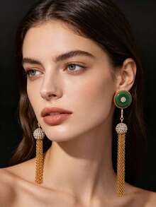 1 Pair New Chinese Style Retro Vintage Exquisite Round Peace Buckle Design Shiny Elegant Long Tassel Dignified High-End Fashionable Women's Earrings, Suitable For Daily Wear, High-End Cocktail Party, Theme Party, Banquet, Evening Dress, Cheongsam, Hanfu Matching, Elegant Gift - Peace Tassel Earrings - View 4