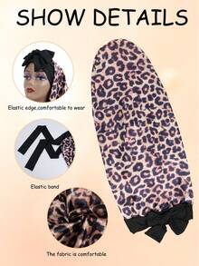 Leopard Print Satin Sleep Bonnet With Bow Tie, Soft Silky Long Hair Protection Night Cap, Adjustable Elastic Hair Bonnet For Women Sleeping - A - View 10