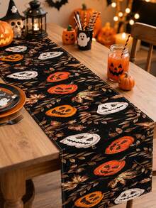 1pc Fall Halloween Pumpkin Linen Table Runner, Rustic Nature Rectangular Table Decor With Pumpkin, Autumn Leaves And Dark Background Print, Seasonal Tabletop Decoration For Kitchen And Home - Multicolor - View 7