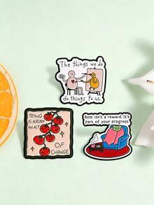 Inspirational Quote Enamel Pins, Cartoon Character & Tomato Brooch Set, Positive‑Slogan Badges For Jackets Backpacks Decor Accessories - Multicolor - View 3