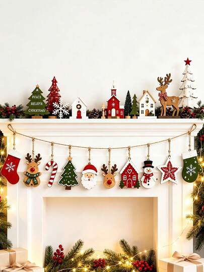 10pcs Christmas Wooden Hanging Ornaments, Rustic Style Wooden Decor Set, Includes Santa Claus, Reindeer, Snowman, Christmas Tree, Cottage, Star, Christmas Stocking And Other Shapes, Suitable For Christmas Tree And Winter Home Decor, Applicable For Christmas, Halloween, Spring Festival, New Year And Other Holiday Party Occasions, Christmas Tree Decoration, Autumn Decor, Home Decor