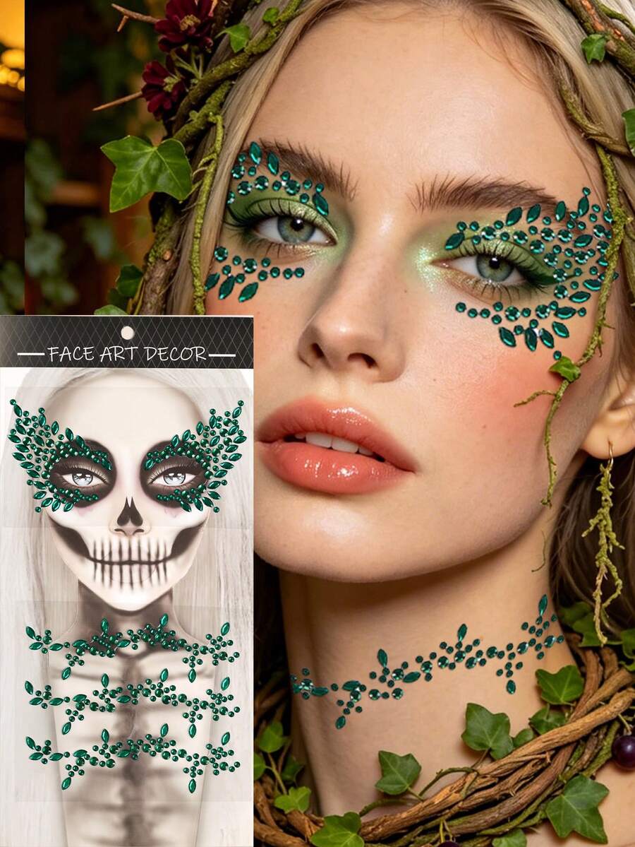 STARTTOOS Halloween Face Gem Stickers Easter Makeup Party - 3D Green Face, Neck, Chest Decorative Rhinestone Stickers DIY Holiday Party Gift Decoration Gem Stickers 1pc/Pack - Green - View 1