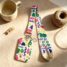 1 Piece Cute Abstract Geometric Print Lanyard Card Holder, Colorful Flower Ribbon Lanyard Accessories, Keychain ID Badge Card Holder Lanyard - Multicolor - View 2