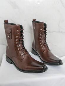 Men's Brown Lace-Up Boots, Square Toe, Distressed Leather, Side Zipper, Thick Heel, Structured Silhouette, Clean Lines, Formal Suit Wedding Banquet Boots - Brown - View 8