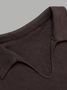 DONICY Women's Dark Brown Collar V Notch Ribbed Fitted Cropped Long Sleeve Polo Top, Retro Layering Blouse For Spring Fall Daily Wear - Coffee Brown - View 4