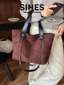 1pc Solid Color Suede New Women's Backpack, Shoulder Bag, Handbag, Fashion Large Capacity Tote Bag, Suitable For Commuting, Shopping, Dating, Shopping - Coffee - View 3