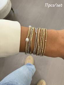 11pcs Fashion CCB Gold & Silver Pearl Multi-Layer Elastic Bracelet Set, Stackable Jewelry For Women, Suitable For Daily, Vacation, Party - Multicolor - View 7