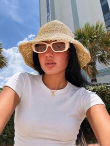 1pc Women's Foldable Wide Brim Straw Hat, Multi-Functional Sun Protection Beach Hat, Suitable For Summer Beach Vacation - Multicolor - View 9