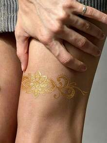 1pc Y2K Style Gold Foil Floral Pattern Creative Tattoo Sticker, Lasts 2-3 Days, Waterproof And Easy To Use, Essential For Parties, Gifts, Travel, Music Festivals, Suitable For People's Daily Use - Gold - View 2