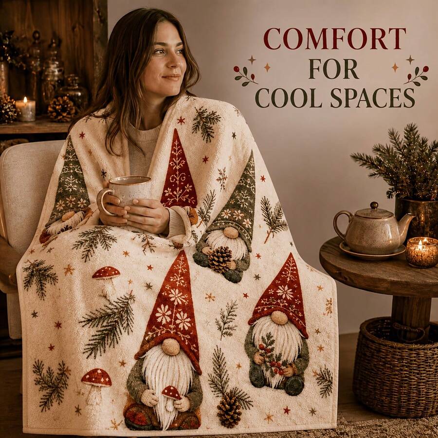 1pc Christmas Nordic Gnome Dwarf Print Throw Blanket, Vintage Folk Style Pine Cone Mushroom Pattern, Suitable For Sofa Bedroom Holiday Decor - Multicolor - View 1