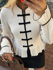Women Frog Button Stand Collar Long Sleeve Blouse, Contrast Trim Ruffle Hem Textured Slim Fit Chinese Style Top - White - View 1