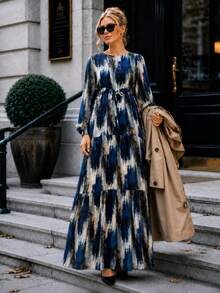 Plus Size Navy Blue Abstract Print Tie-Waist Maxi Dress With Long Sleeve - Navy Blue - View 2