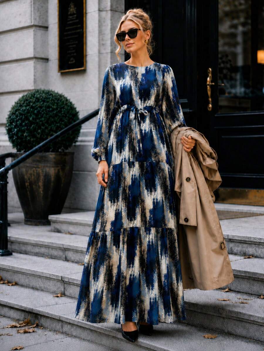 Plus Size Navy Blue Abstract Print Tie-Waist Maxi Dress With Long Sleeve