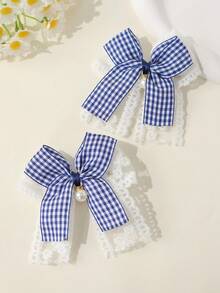 2pcs Girls Casual Versatile Academy Style Dual-Color Plaid Bow Lace Ponytail Hair Clips - Blue - View 2