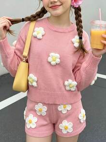 Girls' Autumn/Winter Round Neck Sweater With 3D Flower Decoration, Loose Fit Drop Shoulder Pullover Long Sleeve Knit Top - Pink - View 5