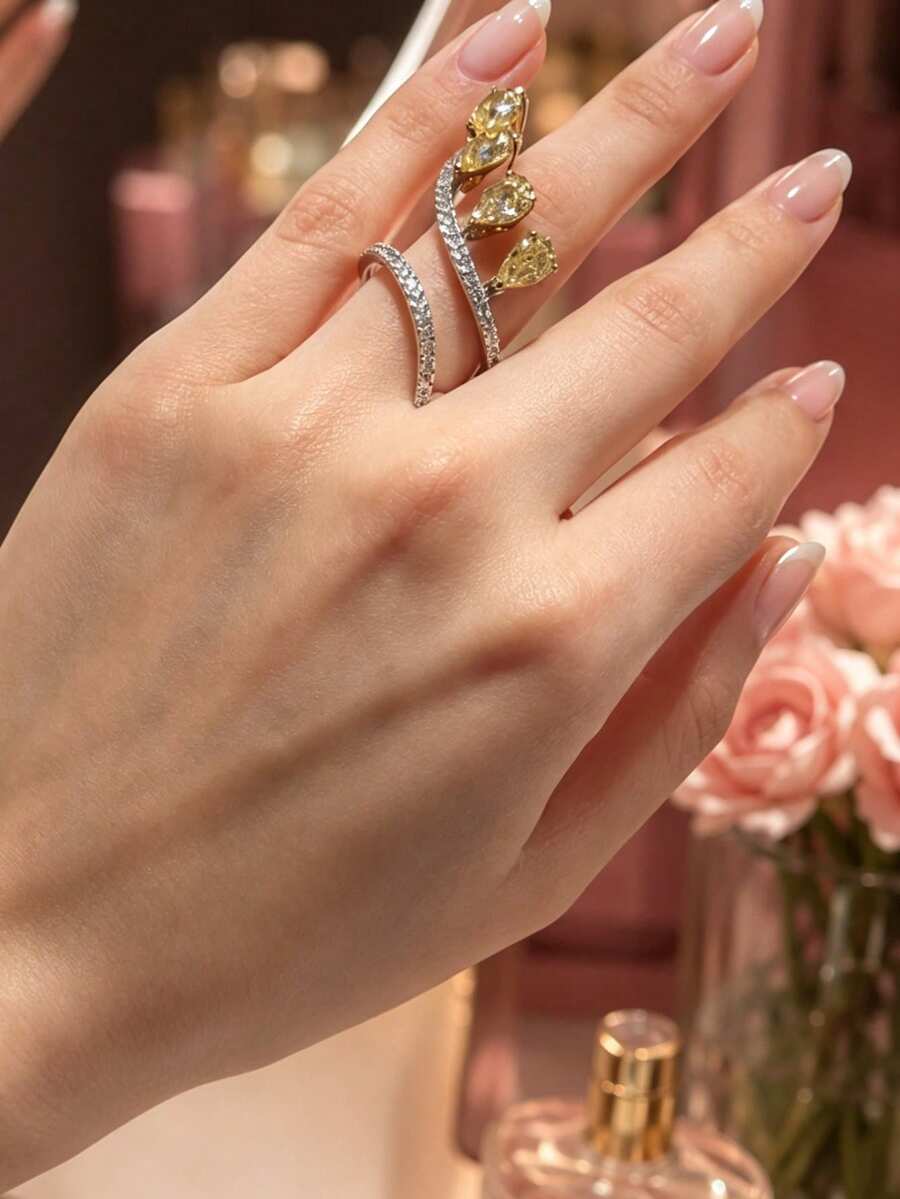 1pc New Water Drop Ring French Luxury High-End Wrap Ring Delicate Elegant Banquet Style Hand Accessory - Silver - View 1