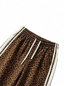 Women's Vintage Leopard Print Wide Leg Pants, White Contrast Side Stripes, Elastic Drawstring Waist, Loose Casual Sports Pants - Brown - View 4