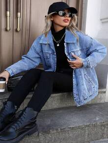 HAPPY GIRL# Plus Size Women's Versatile Casual Fashion Spring Autumn Winter Blue Y2K Student College Young Style Denim Jacket - Blue - View 2