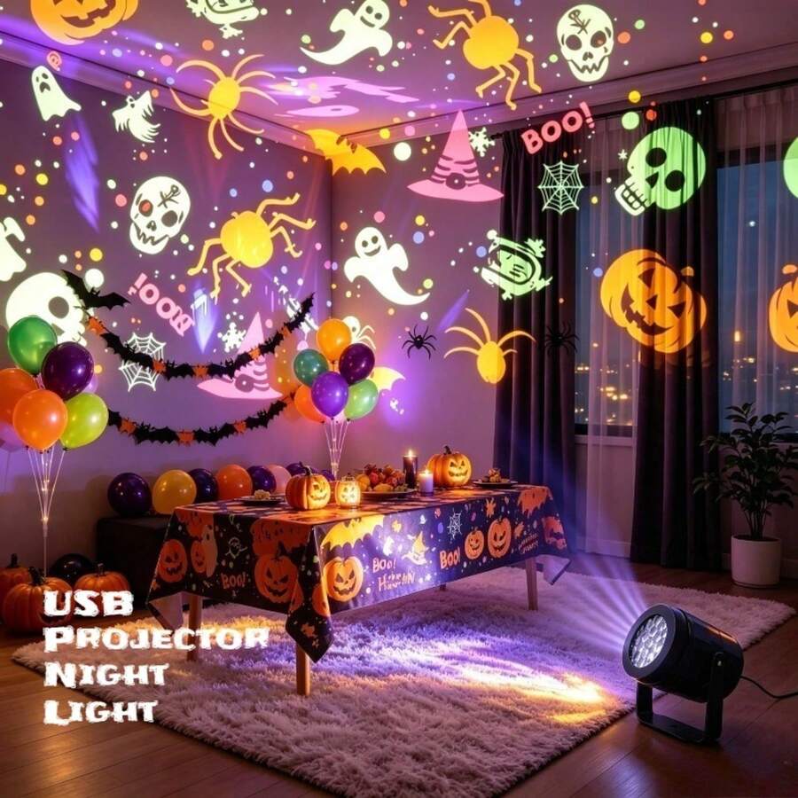 萬聖節投影燈 16色圖案氛圍燈 USB插電 16種投影模式 可調角度 式設計 適用臥室、客廳、酒吧、咖啡廳、節日派對裝飾