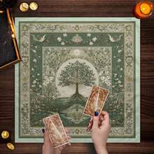 1pc Tree Of Life Tarot Cloth, Vintage Green Floral Altar Cloth With Moon Birds Pattern, Soft Divination Tablecloth For Tarot Reading, Spiritual Home Decor Tapestry - Black - View 7