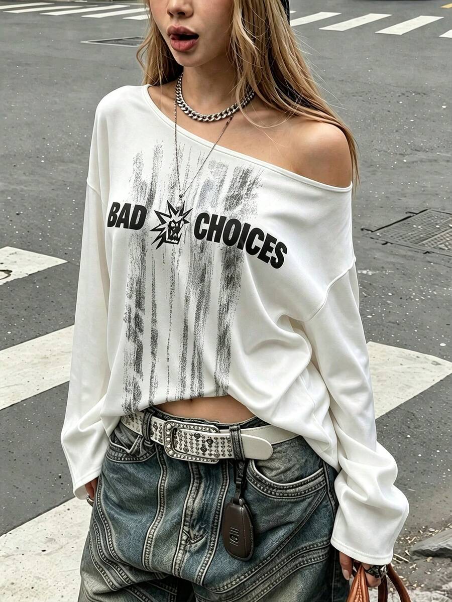 Y2K Halloween Fashion Asymmetrical Shoulder Women's Top - White - View 1