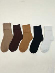 1/5/10 Pairs Women's Ribbed Mid-Calf Socks With Terry Lining, Thick Terry Knit Mid-Calf Socks, Solid Earth Tone Everyday Socks - Multicolor - View 6
