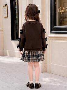 Gaun Sweatshirt Pita Musim Gugur untuk Anak Perempuan Usia 4-8 Tahun, Gaun Patchwork Kotak-kotak Lengan Panjang Cokelat 2 in 1, Pakaian Musim Gugur untuk Anak Perempuan TK - Coffee Brown - View 2