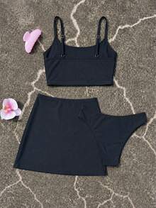 Fashion Women 2026 Spring/Summer Sexy Striped Halter Neck 3-Piece Bikini Swimsuit, Suitable For Summer Beach And Casual Vacation - Black - View 4