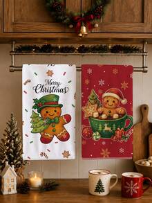 2PCS Kitchen Towel, Christmas Theme Cute Gingerbread Man Illustration Pattern Kitchen Towel Dishcloth, 40*60cm Rectangular Microfiber Cleaning Kitchen Towel, Perfect For Kitchen, Dining Room And Bathroom Use, Christmas Kitchen Decor, Home Decor, Housewarming Gift For Neighbors, Dishcloth - White - View 1